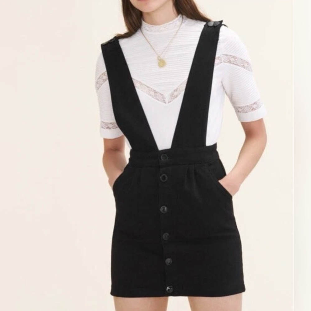 Maje Ritana denim pinafore adjustable overall Dress Pockets Size 34/0 XS Black